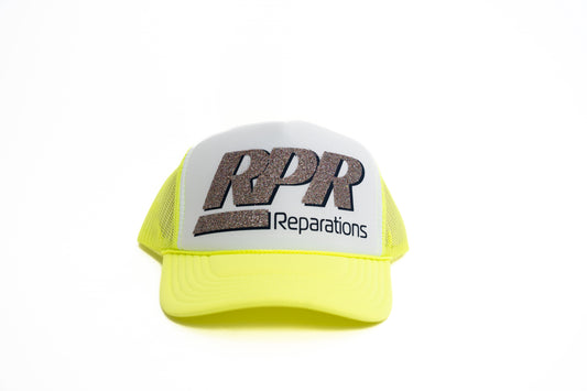 RPR trucker hat, neon yellow trucker cap, glitter logo hat, reparations hat, mesh snapback cap, bold trucker hats, streetwear accessories, unisex snapback hat