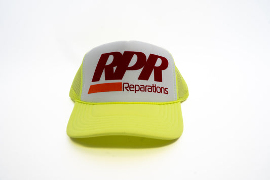 RPR trucker hat, highlighter yellow snapback, red logo trucker cap, orange underline hat, reparations hat, mesh back trucker, adjustable streetwear cap, bold neon cap, unisex snapback, RPR Reparations merch