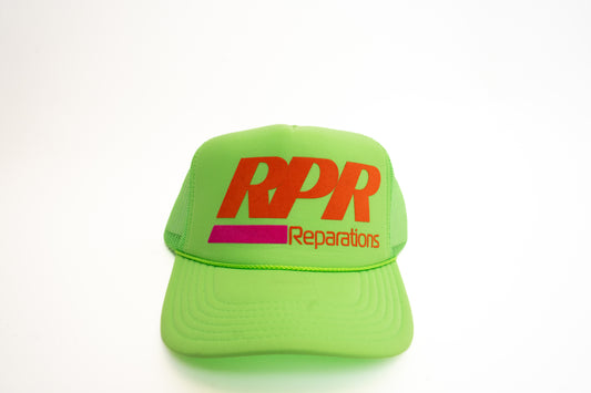 neon green trucker hat
orange and magenta logo cap
RPR Reparations snapback
bold graphic streetwear hat
foam front mesh cap
adjustable unisex trucker
vibrant logo cap
colorful festival hat
structured trucker cap
mesh back snapback hat