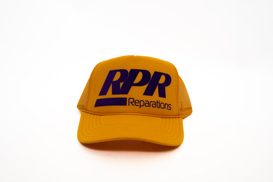 mustard trucker hat, yellow RPR cap, purple logo hat, reparations hat, retro trucker style, mesh back snapback, foam front trucker, unisex streetwear hat, bold color trucker cap, golden yellow hat