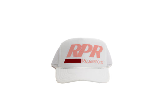 white and pink trucker hat
RPR logo cap
burgundy and blush snapback
mesh back trucker
foam front cap
pastel streetwear hat
soft tone logo hat
adjustable unisex cap
RPR Reparations headwear
clean minimal trucker hat