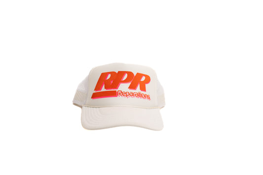 white RPR trucker
red orange logo hat
gradient logo snapback
foam front mesh cap
unisex streetwear cap
bold graphic trucker
retro style RPR hat
breathable mesh hat
RPR Reparations hat
adjustable snapback cap