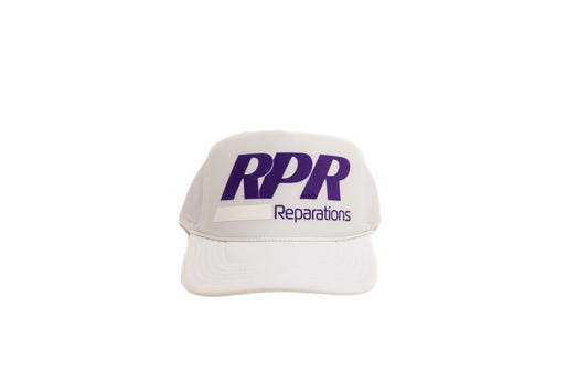 white trucker hat
purple RPR logo cap
mesh back snapback
OG RPR trucker
unisex streetwear hat
foam front trucker
white and purple cap
statement logo cap
retro style trucker hat