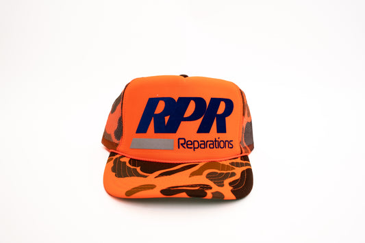 RPR trucker hat, orange camo cap, blaze orange snapback, streetwear camo hat, bold logo trucker, reparations hat, navy and orange hat, mesh back trucker, unisex camo cap, custom print bill hat