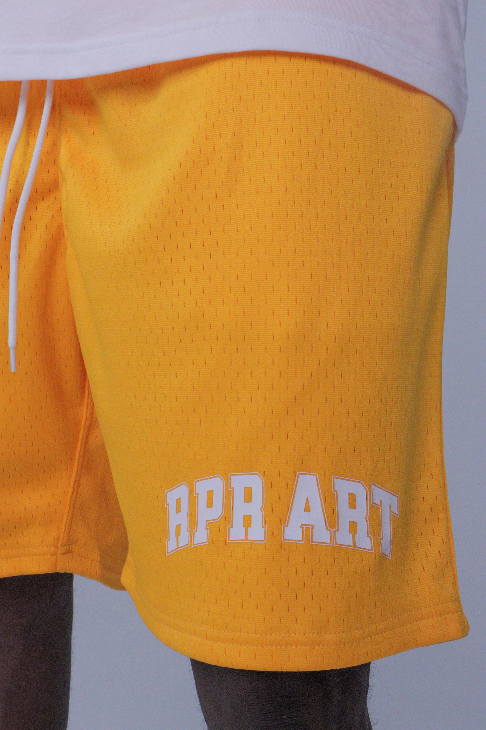 yellow basketball shorts
mesh gym shorts
RPR ART shorts
unisex sportswear
breathable summer shorts
drawstring activewear shorts
mid-thigh shorts
streetwear shorts
cotton mesh shorts
shorts for men and women