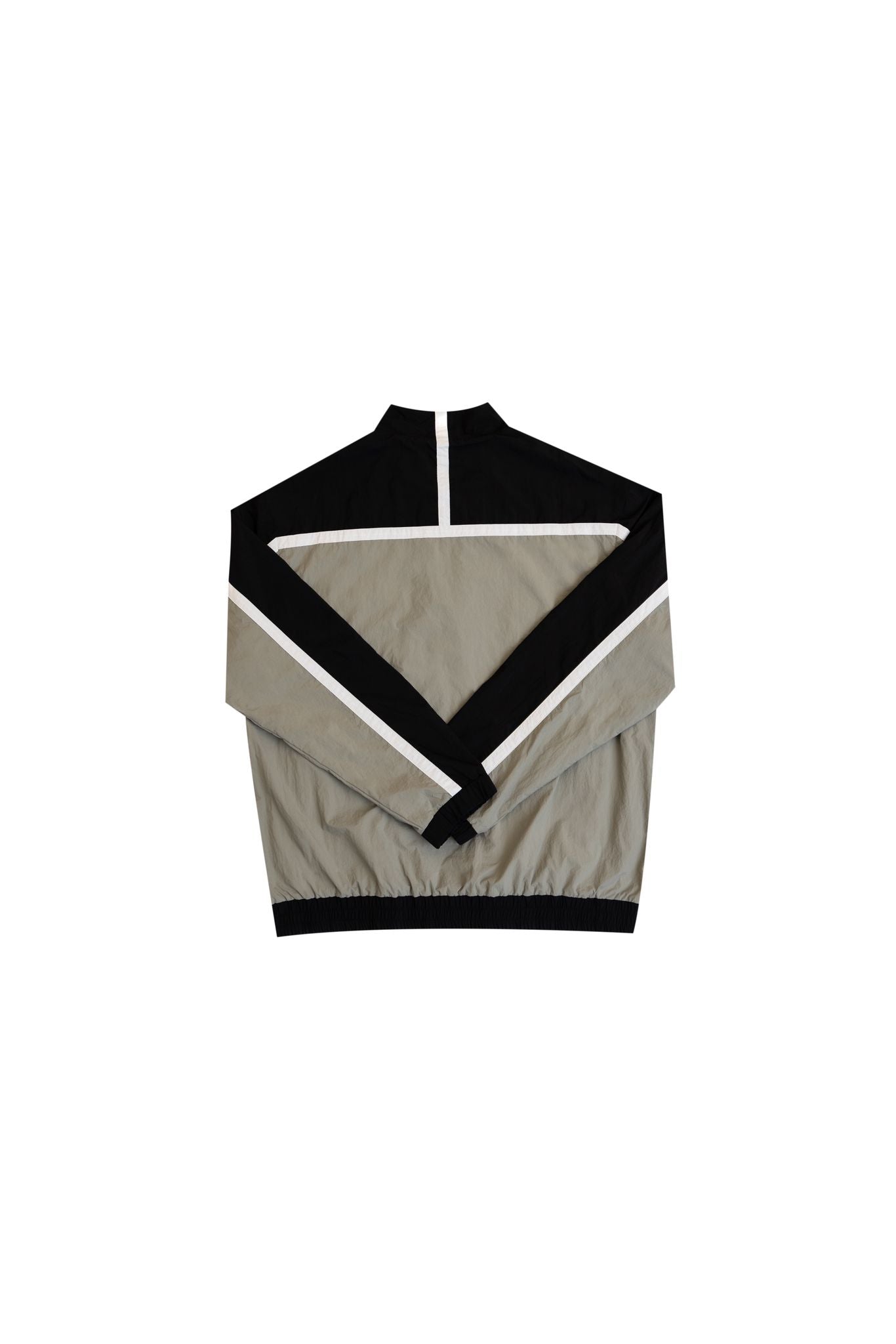 Back view of black and grey windbreaker track jacket with white stripe detail