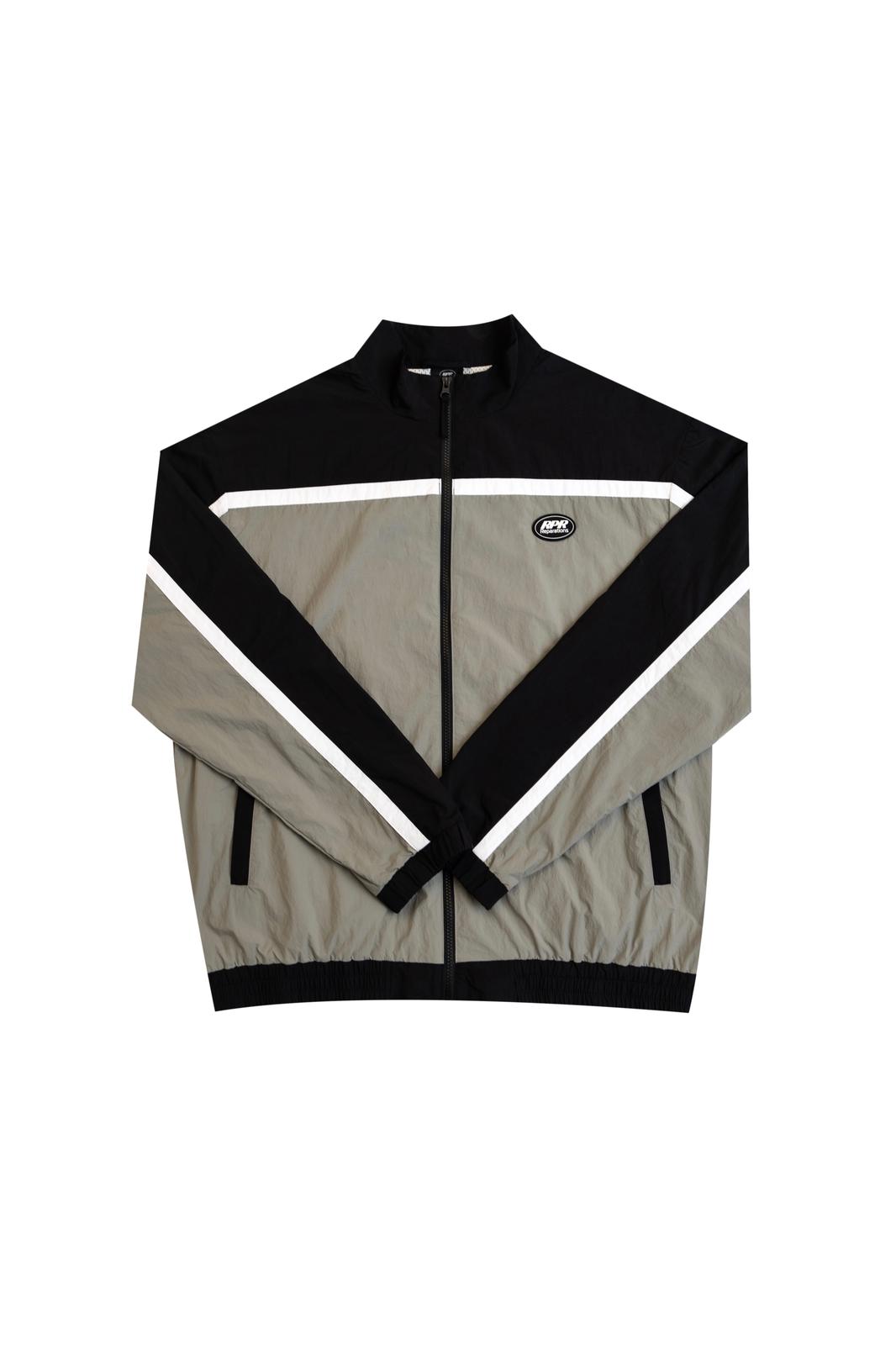 Black and grey windbreaker track jacket with white stripes and zip front