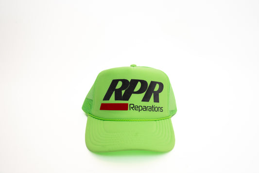 neon green trucker hat

black and red RPR cap

RPR Reparations snapback

unisex streetwear hat

mesh back cap

foam front trucker

bold color logo hat

breathable trucker hat

adjustable mesh cap

graphic logo cap
