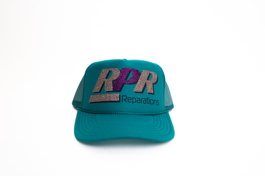 RPR trucker hat, teal snapback cap, glitter RPR logo hat, purple sparkle trucker, reparations hat, mesh back trucker, unisex adjustable cap, teal glitter hat, streetwear glitter cap, bold logo trucker hat