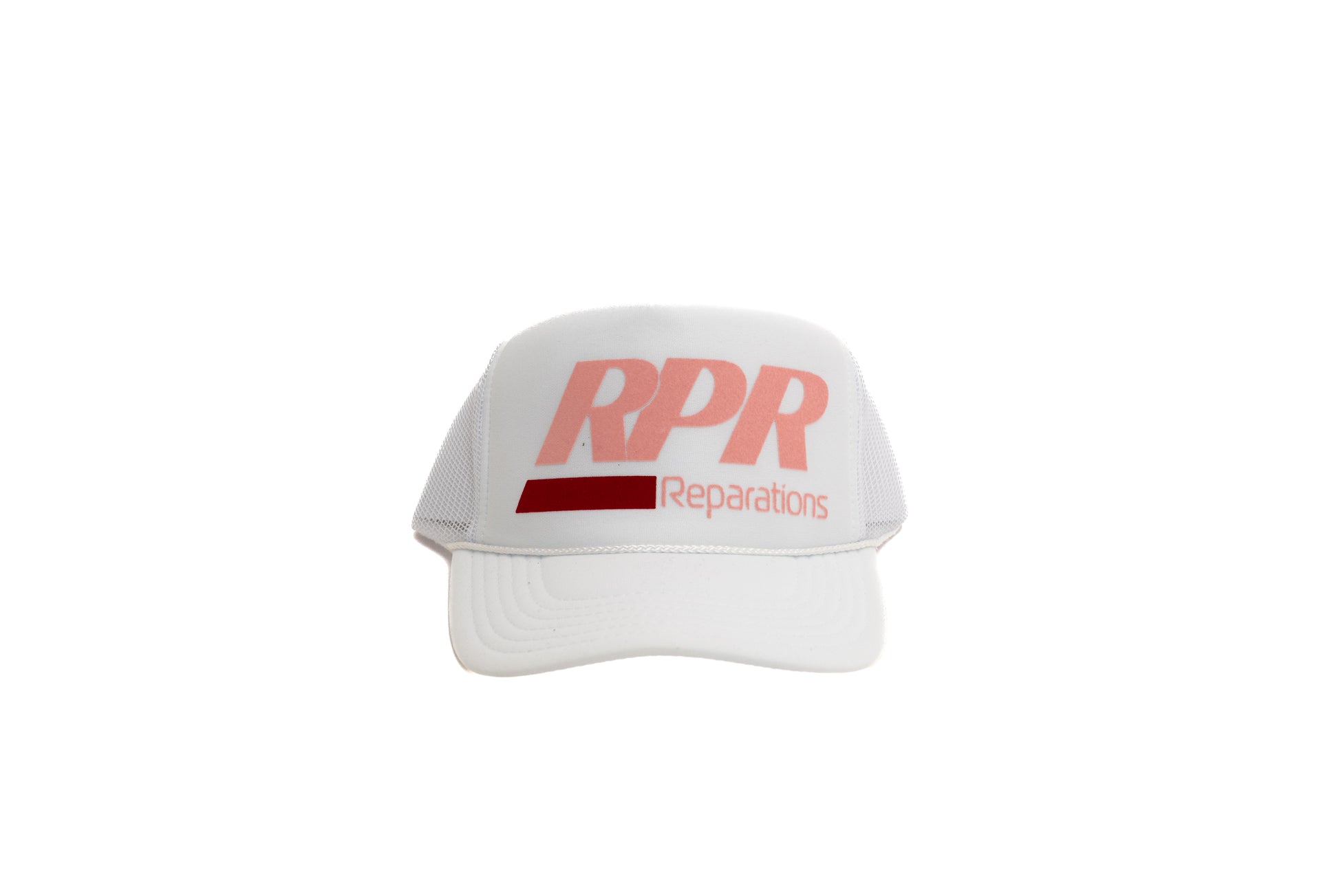 white and pink trucker hat

RPR logo cap

burgundy and blush snapback

mesh back trucker

foam front cap

pastel streetwear hat

soft tone logo hat

adjustable unisex cap

RPR Reparations headwear

clean minimal trucker hat
