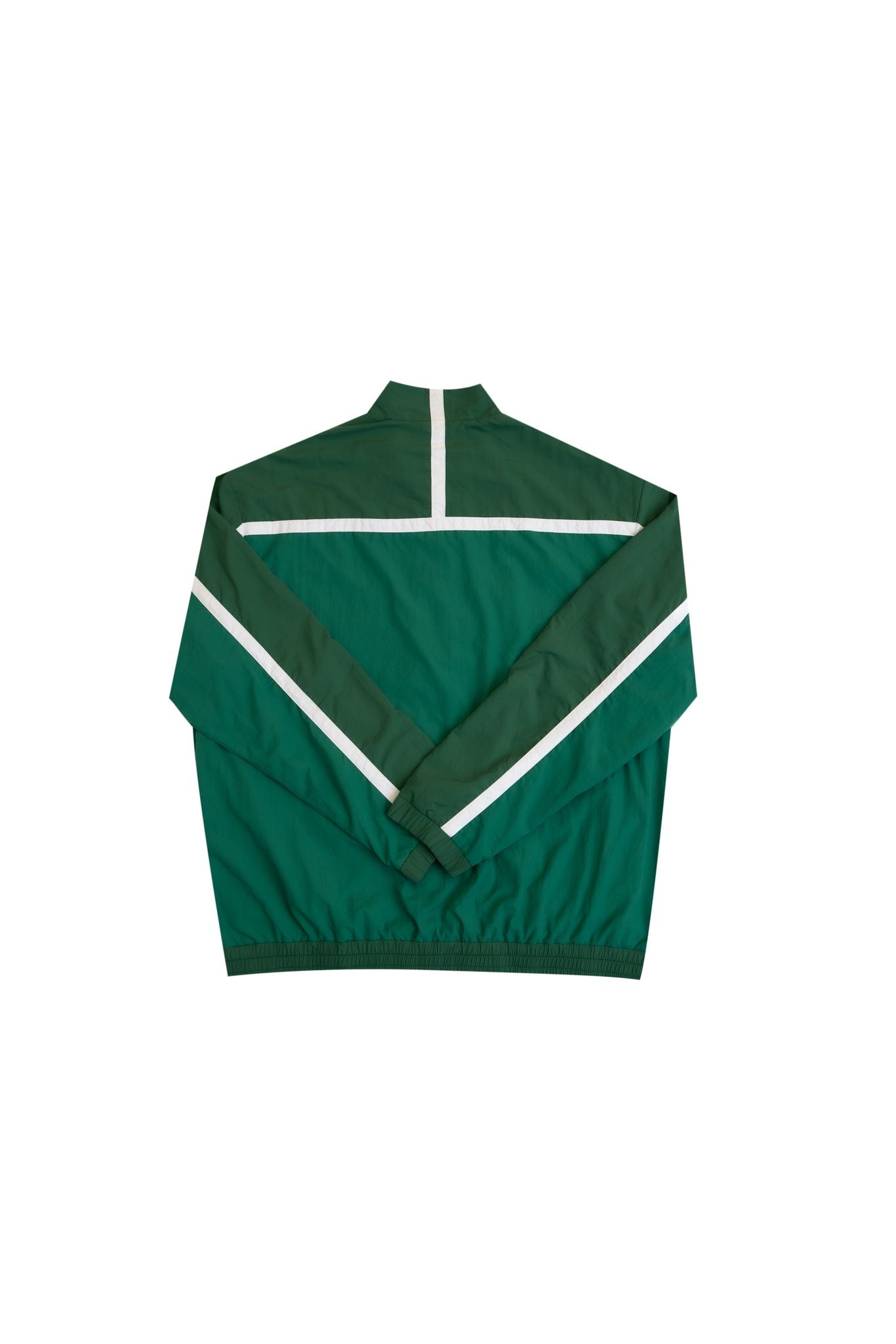 Back view of green windbreaker track jacket with white stripe detail