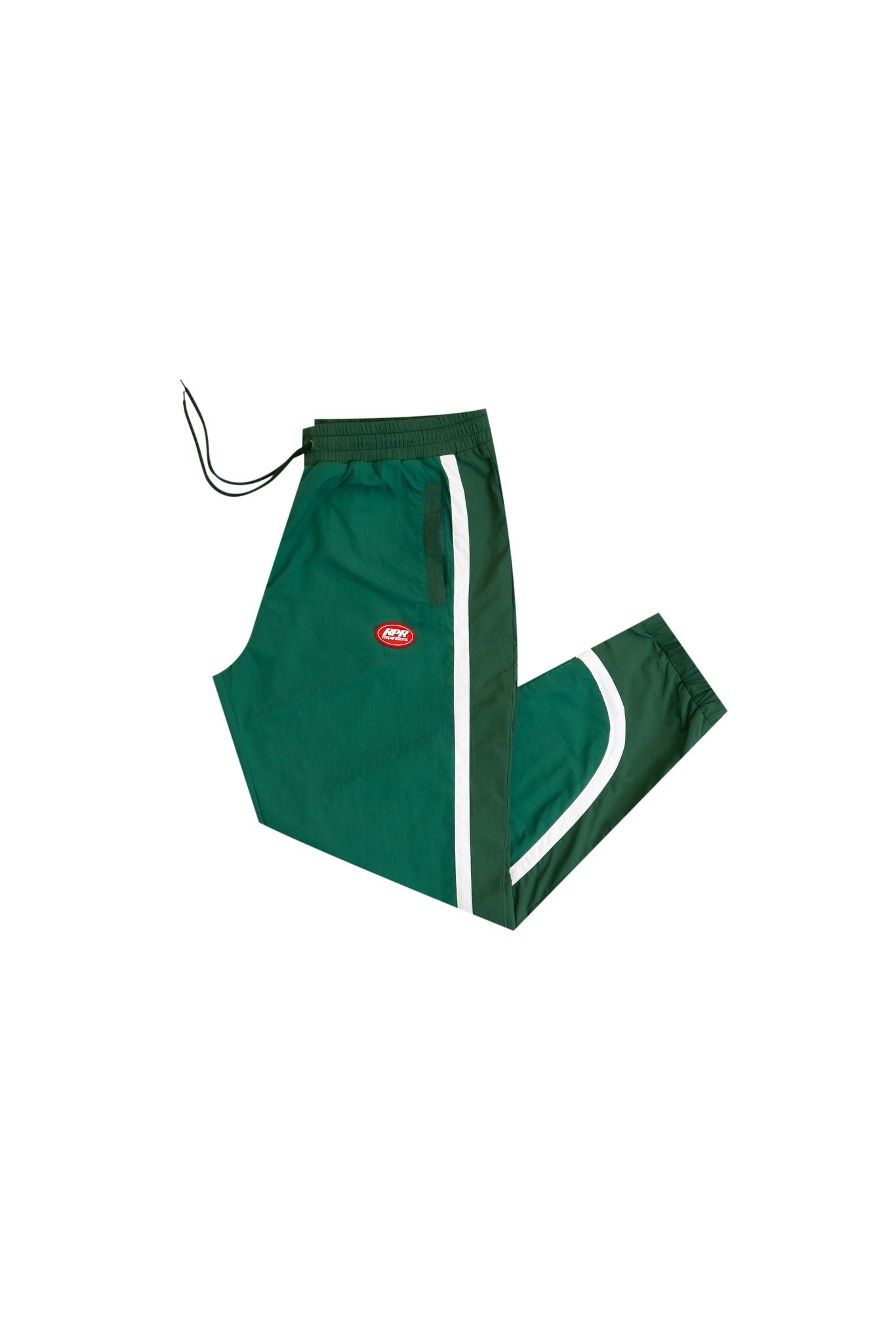 Green windbreaker track pants folded with white contrast side stripes