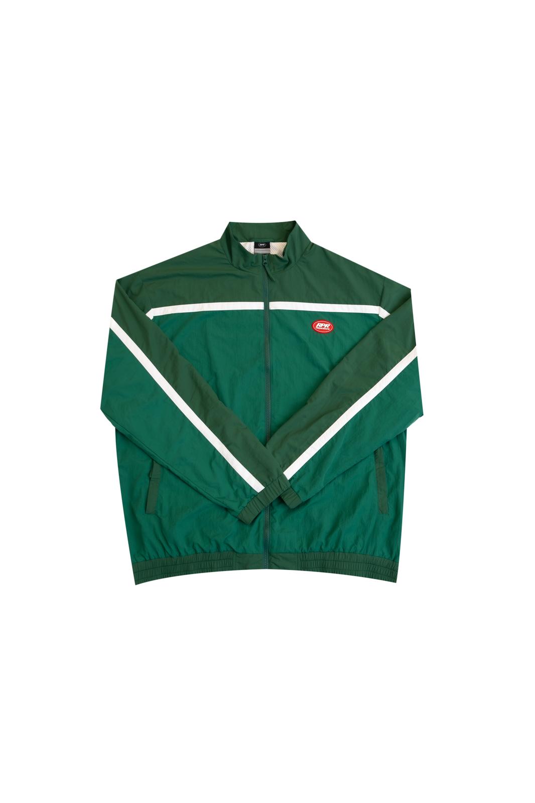 Green windbreaker track jacket with white stripes and zip front