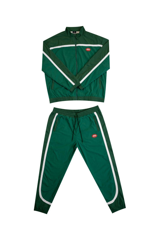 Green windbreaker tracksuit set with matching jacket and pants, white contrast stripes