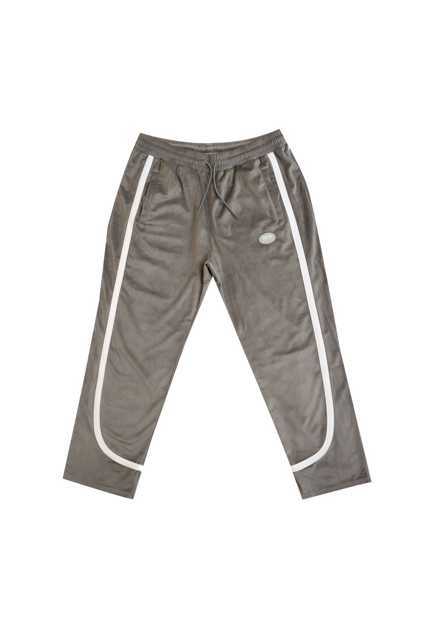 Grey velour track pants with white curved stripe panels
