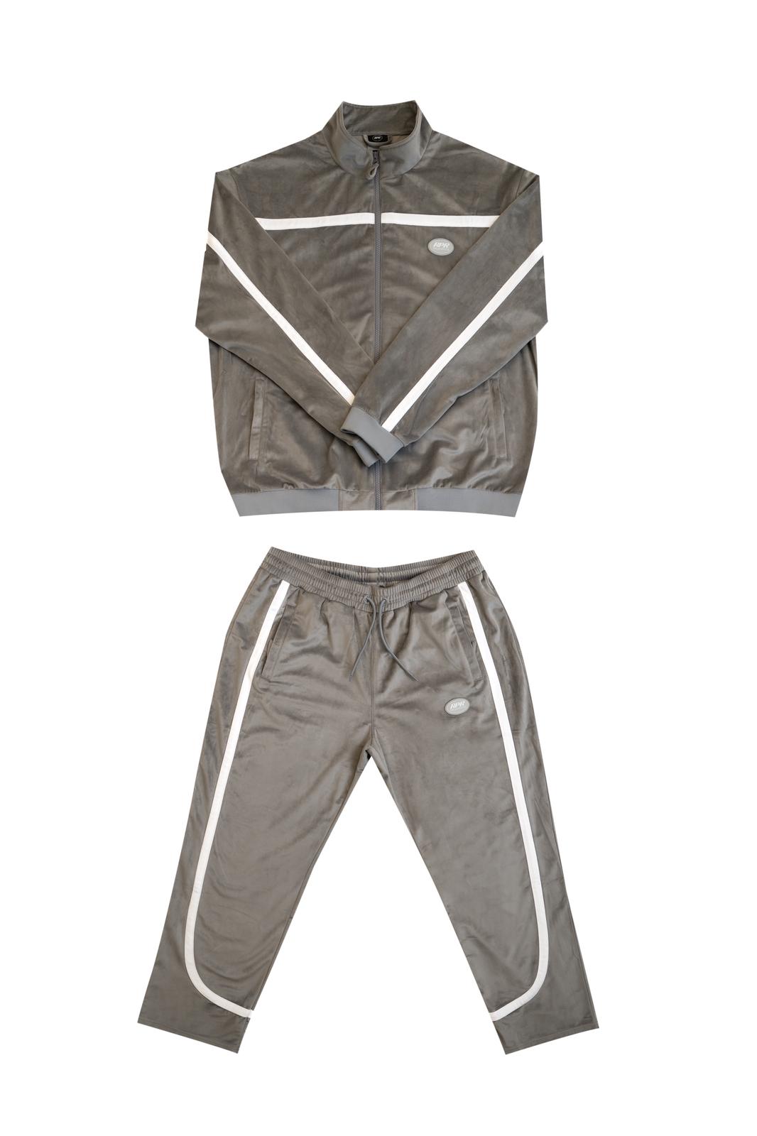 Grey velour tracksuit set with matching jacket and pants featuring white contrast stripes