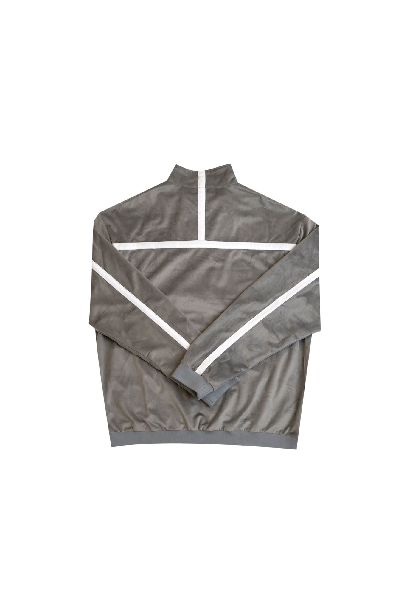 Back view of grey velour track jacket with white stripe detail