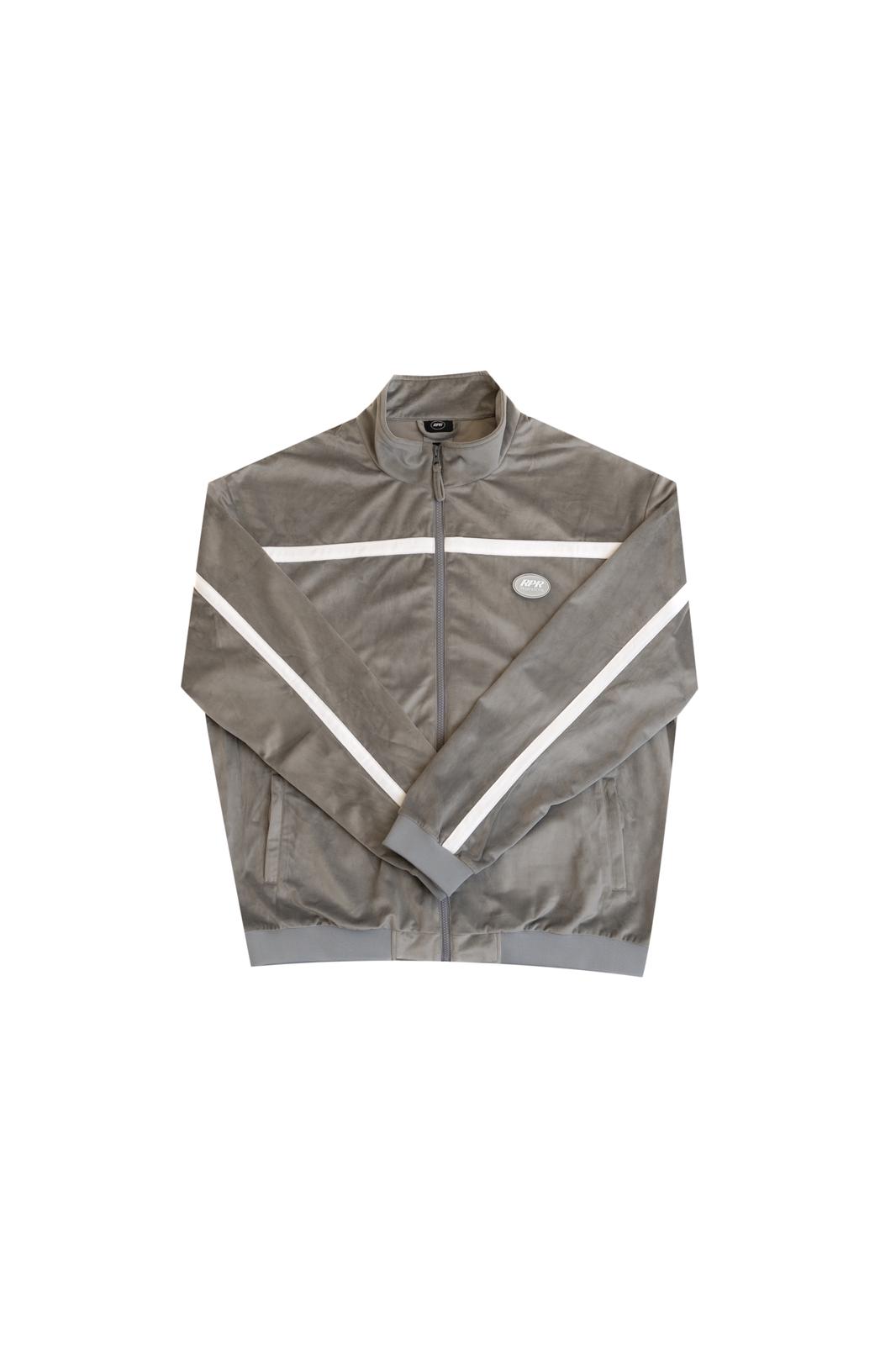 Grey velour track jacket with white stripes and zip front
