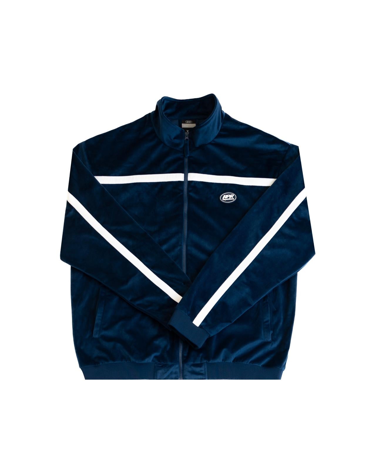 Navy velour track jacket with white chest and sleeve stripes