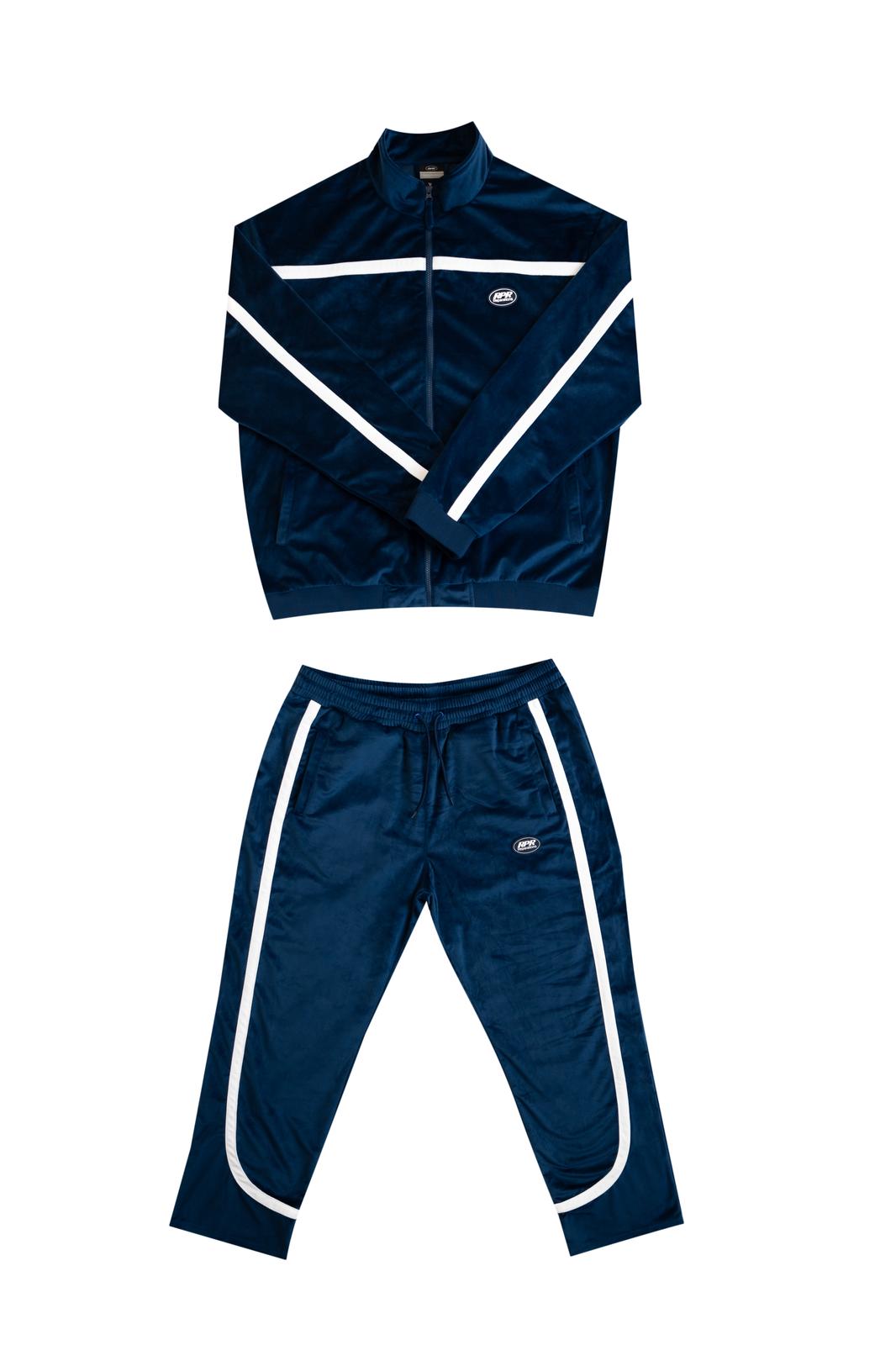 Navy velour track suit set with jacket and pants featuring white contrast stripes