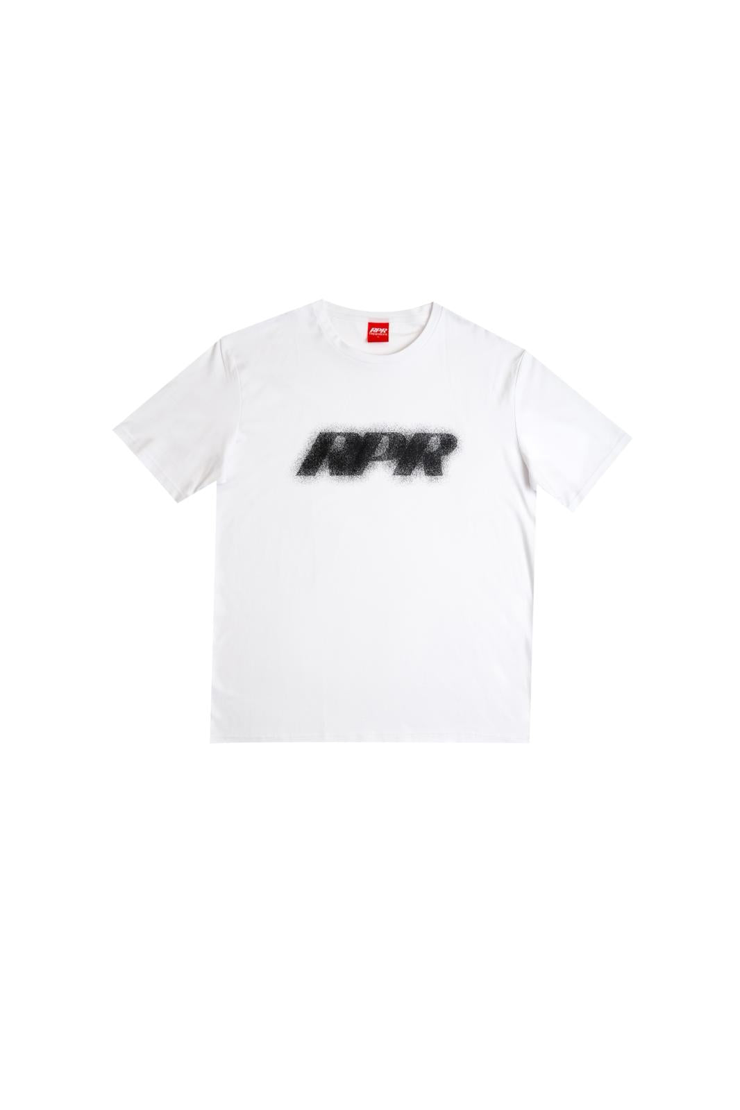 White graphic t-shirt with black spray logo print on front
