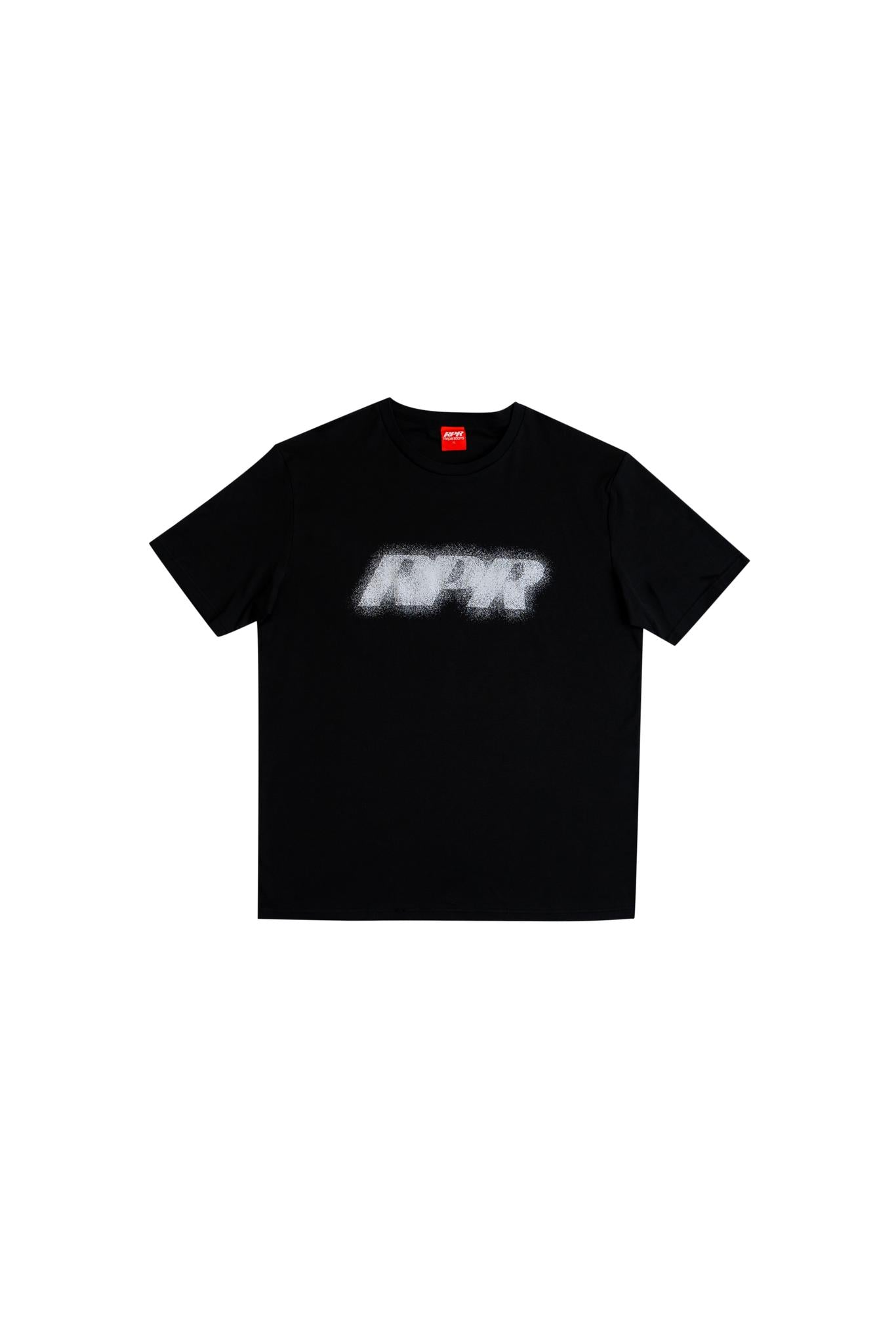 Black graphic t-shirt with white spray effect logo across chest