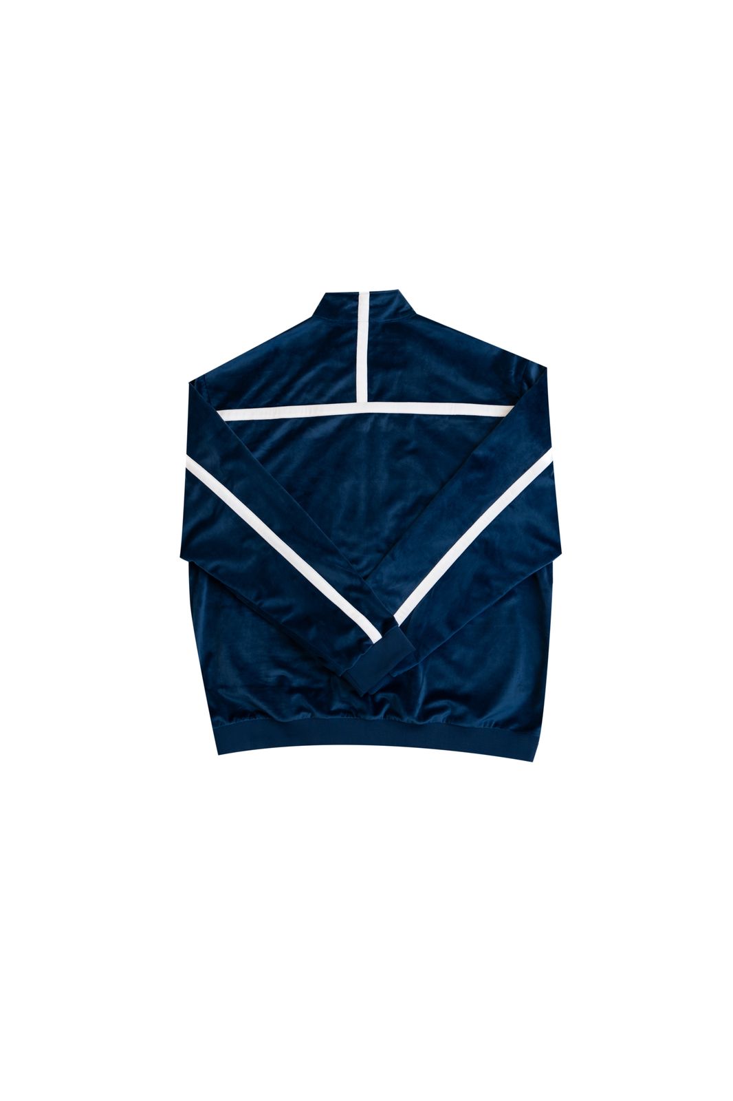 Back view of navy blue velour track jacket with white stripe detail